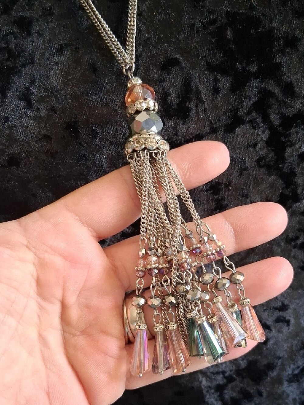 Vintage Chandalier Tassel Silver-Tone Pink & Grey Crystal Necklace